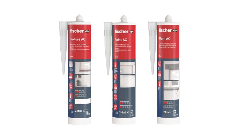 Produktabbildung dreier Acryl-Dichtstoffe von fischer (Texture AC, Paint AC, Multi AC) in Kartuschenform für Fugen- und Anschlussabdichtungen im Innenbereich.